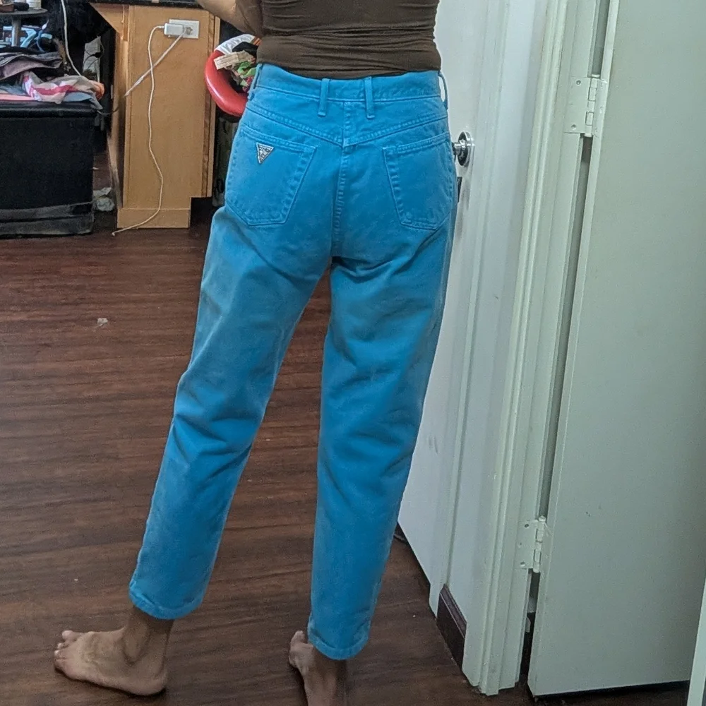 Vtg 80s Guess by Marciano USA ankle zip high-waisted aqua blue crop Mom Jeans - Picture 2 of 15